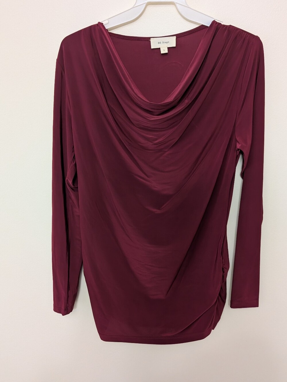 BE Stage Women's Burgundy Cowl Neck long sleeve Elegant Blouse w pleated sides S